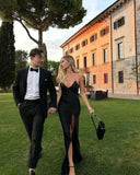 Black Fashion Elegant Long Satin Slit Sexy Ball Gown Evening Dress Wedding Guest Party Dress HZ1023