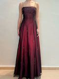 Burgundy Spaghetti Straps Exquisite Beaded Long Tulle Ball Gown Evening Dress prom dress HZ1023
