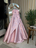 Pink Delicate Sweet Transparent Strap Applique Floral Long Satin Formal Prom Dress Evening Gown HZ1023