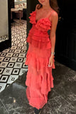 Orange Fashion Spaghetti Strap Long Chiffon Ruffle Evening Dress Wedding Guest Dress Party Dress HZ1023