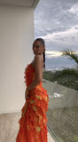 Orange Fashion Elegant Spaghetti Strap Long Ruffle Chiffon Ball Gown Evening Dress Party Dress Wedding Guest Dress HZ1023