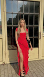 Red square neck spaghetti straps long chiffon ruffles elegant sexy slit ball gown evening dress wedding guest party dress HZ1023