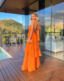 Orange suspender fashion elegant backless long chiffon ruffle ball gown evening dress wedding guest party dress HZ1023