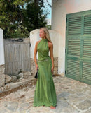 Green simple halter neck suspenders sparkling sequins long slit ball gown evening dress party dress HZ1023