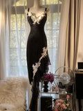 Black retro sexy spaghetti straps exquisite lace long bodycon slim fit elegant evening dress party dress HZ1023