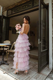 Pink Sweet Backless Long Tulle Ball Gown Evening Dress Party Dress HZ1023