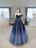 Blue beautiful gradient shiny beads spaghetti strap tulle long ball gown evening dress HZ1023