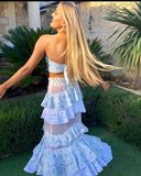 Blue floral lace ruffle long two piece suit evening gown party dress HZ1023