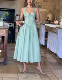 Mint Green Elegant Exquisite Floral Corset Long Satin Halter Ball Gown Evening Dress Party Dress HZ1023