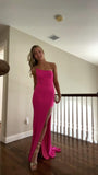 Simple Fashion Satin Pink One Shoulder Ball Gown Slit Long Evening Dress HZ1023