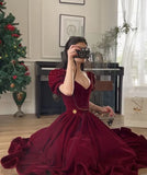 Burgundy Velvet V Neck Short Puff Sleeve Beaded A-Line Long Floor Length Ball Gown Evening Dress Christmas Party Dress HZ1023