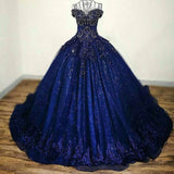 Dark blue gorgeous ClassyPretty exquisite beaded A-line long tulle ball gown evening dress HZ1023