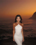 White fashion cross strap elegant simple long satin floor-length mermaid ball gown evening dress HZ1023