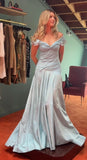 Blue elegant simple off-shoulder tulle long ball gown evening dress HZ1023