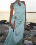 Blue Fashion Elegant Starfish Decoration Long Strap Satin Slit Ball Gown Evening Dress Party Dress Prom Dress HZ1023