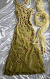 Yellow Green gorgeous exquisite vintage embroidered spaghetti strap long ball gown prom dress evening gown HZ1023