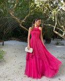 Pink Fashion Elegant Exquisite Lace Strap Long Tulle Ball Gown Evening Dress Wedding Guest Party Dress HZ1023