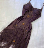 Brown Vintage Elegant Exquisite Floral Beading Spaghetti Strap Long Satin Lace Ball Gown Evening Dress Birthday Party Dress Prom Dress HZ1023