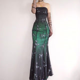 Black White/Green Retro Fashion Gradient Exquisite Floral Long Tulle Prom Dress Evening Dress Party Dress HZ1023