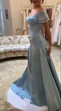 Blue elegant simple off-shoulder tulle long ball gown evening dress HZ1023