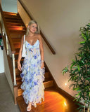 Blue Charming Floral A-Line Spaghetti Strap Long Ball Gown Party Dress Evening Gown HZ1023