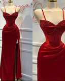 Red gorgeous exquisite fashion shiny spaghetti straps slit mermaid slim long satin ball gown evening dress party dress HZ1023