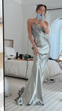 Silver Low Cut V Neck Embroidery Elegant Sexy Long Ball Gown Evening Dress Party Dress HZ1023
