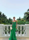 Green A-line V-neck halter chiffon long evening gown party dress wedding guest dress HZ1023