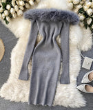 Black/white/gray autumn and winter fashion new sexy off-shoulder fashion fur collar slim hip knitted dress HZ1023