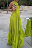Yellow green fashion pleated backless long elegant chiffon ball gown evening dress party dress HZ1023