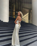 Ivory Fashion Chic Long Sexy Backless Satin prom dress Evening Dress Party Dress HZ1023