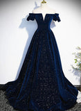 Dark blue/burgundy shiny elegant long velvet ball gown formal evening dress HZ1023