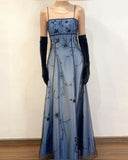 Blue/Grey Delicate Beaded Long Tulle Elegant Ball Gown Evening Dress Formal Birthday Party Dress Prom Dress HZ1023