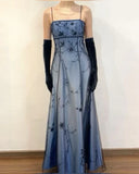 Blue Delicate Beaded Long Tulle Elegant Ball Gown Evening Dress Formal Birthday Party Dress Prom Dress HZ1023
