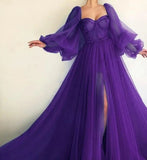 Purple puff sleeves long sleeves long ball gown evening dress HZ1023