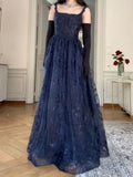 Navy Blue Vintage Fashion Elegant Strapless A-Line Delicate Lace Long Tulle Ball Gown Evening Dress HZ1023
