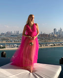 Pink V-neck contrast color long shoulder strap tulle long ball gown prom dress evening dress HZ1023