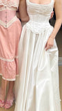 Light Ivory White Vintage Fashion Delicate Floral Elegant Spaghetti Strap Square Neck Long Satin Ball Gown Evening Dress Wedding Party Bridesmaid Dresses Prom Dresses HZ1023