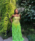 Pink/Orange/Green Gradient Spaghetti Straps Fashion Elegant Long Ruffle Chiffon Ball Gown Evening Dress Party Dress HZ1023