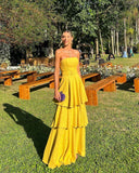 Yellow Fashion Elegant Strapless Long Satin Ruffle Ball Gown Evening Dress Wedding Guest Party Dress HZ1023