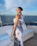 Silver solid color sling elegant simple long evening dress party dress HZ1023