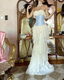 White Vintage Fashion A-line Off-shoulder Long Chiffon tulle Tiered Ruffle Ball Gown Evening Dress Party Dress Prom Dress HZ1023