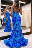 Blue shiny V neck bodycon long elegant sequin ball gown evening dress HZ1023