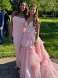 Pink sweet fashion V-neck elegant long tulle floor-length trailing ball gown evening dress prom dress HZ1023