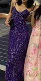 Purple Gorgeous Shiny Elegant Fashion Spaghetti Strap Long Sequined Ball Gown Evening Dress Party Dress Prom Dress HZ1023