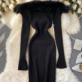 Black/white/gray autumn and winter fashion new sexy off-shoulder fashion fur collar slim hip knitted dress HZ1023