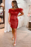 Red Gorgeous Shiny Off Shoulder Feather Bodycon Mini Short Homecoming Dress Party Dress HZ1023