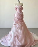 Pink Gorgeous Exquisite Floral Long Pleated Tulle Floor-Length Train Ball Gown Evening Gown Wedding Dress HZ1023