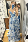 Blue Floral Print V Neck A-Line Spaghetti Straps Ruffles Tiered Slits Long Graduation Dress Evening Gown Prom Dress Wedding Guest Party Dress HZ1023