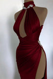Burgundy Elegant Off-the-shoulder High Neck Exquisite Beading Long Sexy Slit Ball Gown Evening Gown Party Dress HZ1023